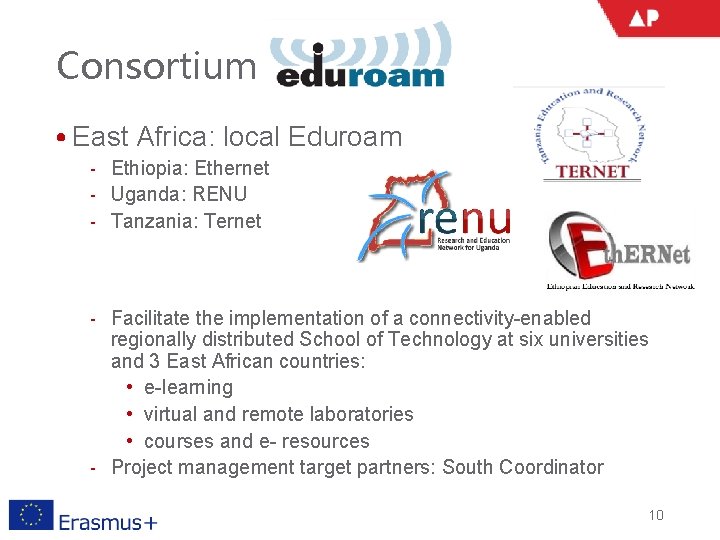 Consortium • East Africa: local Eduroam ‐ Ethiopia: Ethernet ‐ Uganda: RENU ‐ Tanzania: