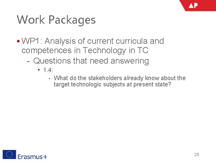 Work Packages • WP 1: Analysis of current curricula and competences in Technology in