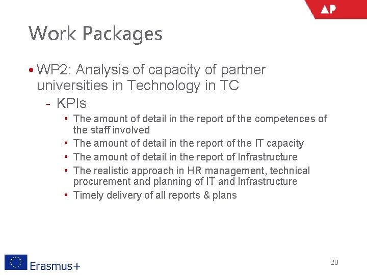 Work Packages • WP 2: Analysis of capacity of partner universities in Technology in