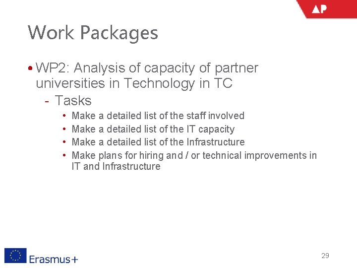 Work Packages • WP 2: Analysis of capacity of partner universities in Technology in