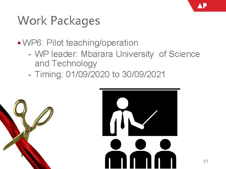 Work Packages • WP 6: Pilot teaching/operation ‐ WP leader: Mbarara University of Science