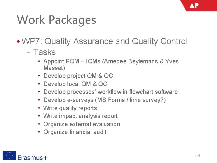 Work Packages • WP 7: Quality Assurance and Quality Control ‐ Tasks • Appoint