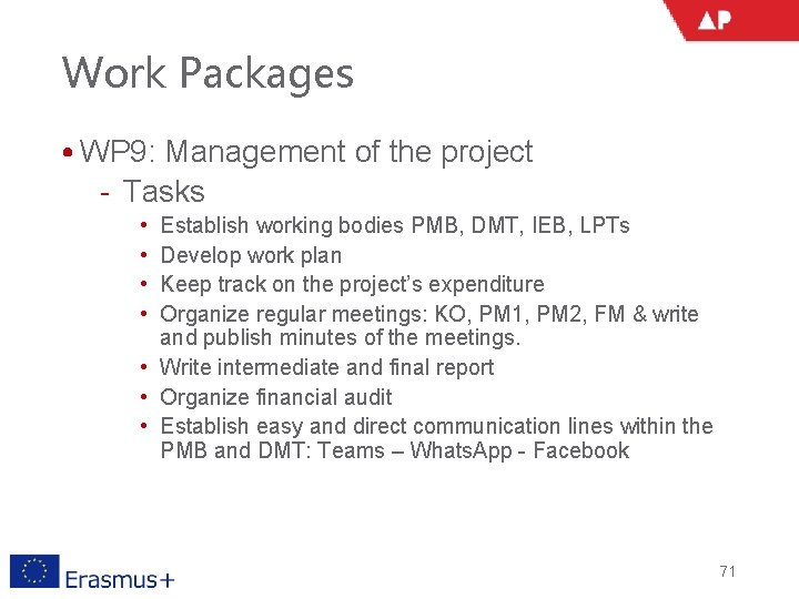 Work Packages • WP 9: Management of the project ‐ Tasks • • Establish