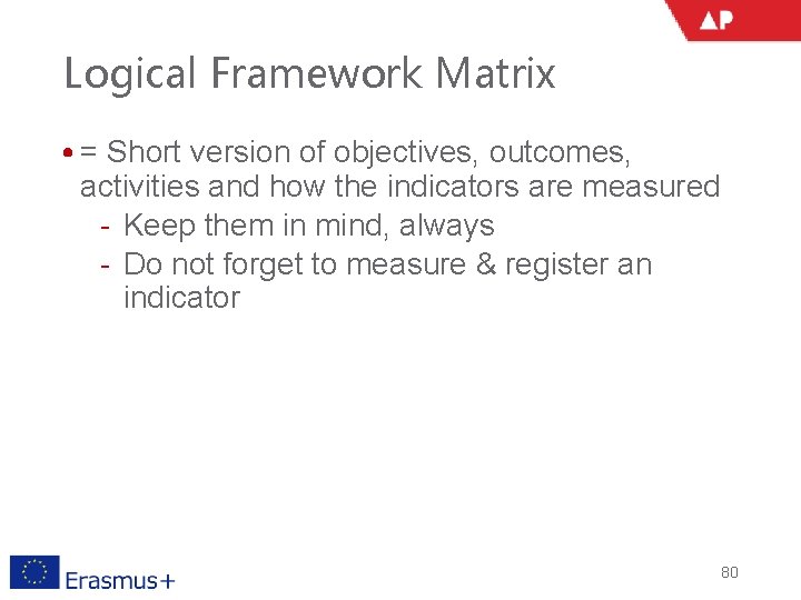 Logical Framework Matrix • = Short version of objectives, outcomes, activities and how the