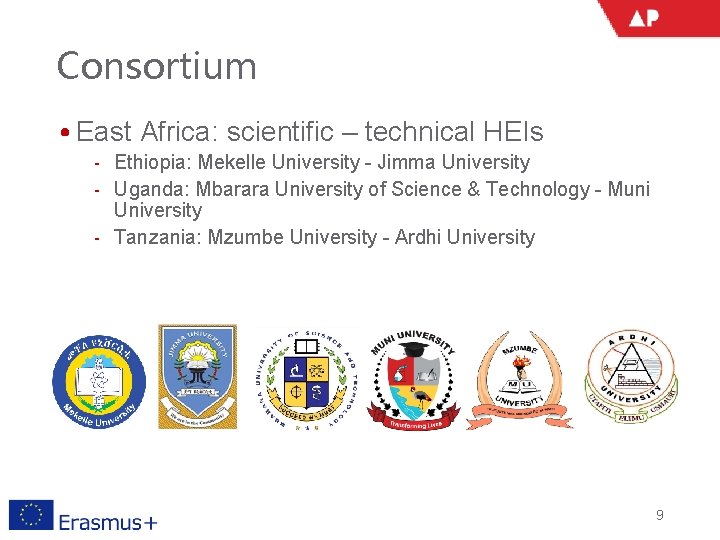 Consortium • East Africa: scientific – technical HEIs ‐ Ethiopia: Mekelle University - Jimma