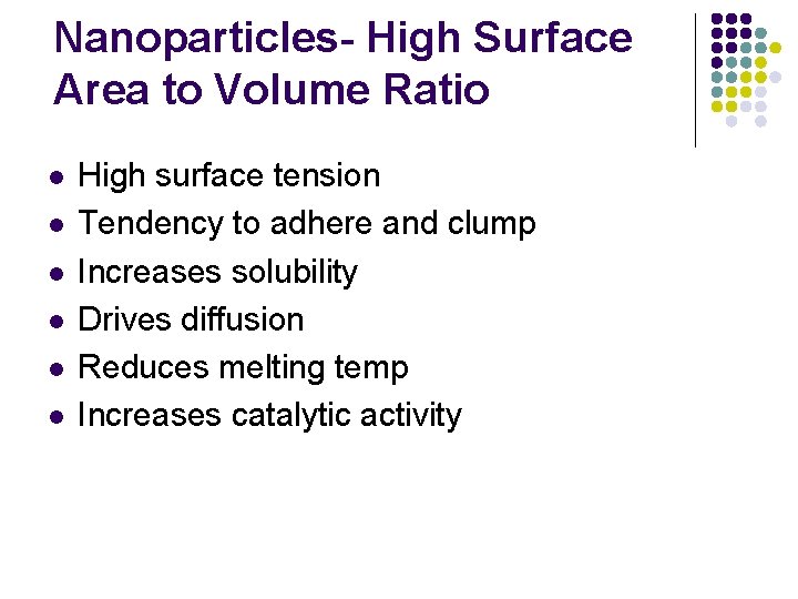 Nanoparticles- High Surface Area to Volume Ratio l l l High surface tension Tendency