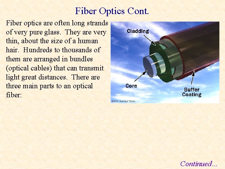 Fiber Optics Cont. Fiber optics are often long strands of very pure glass. They