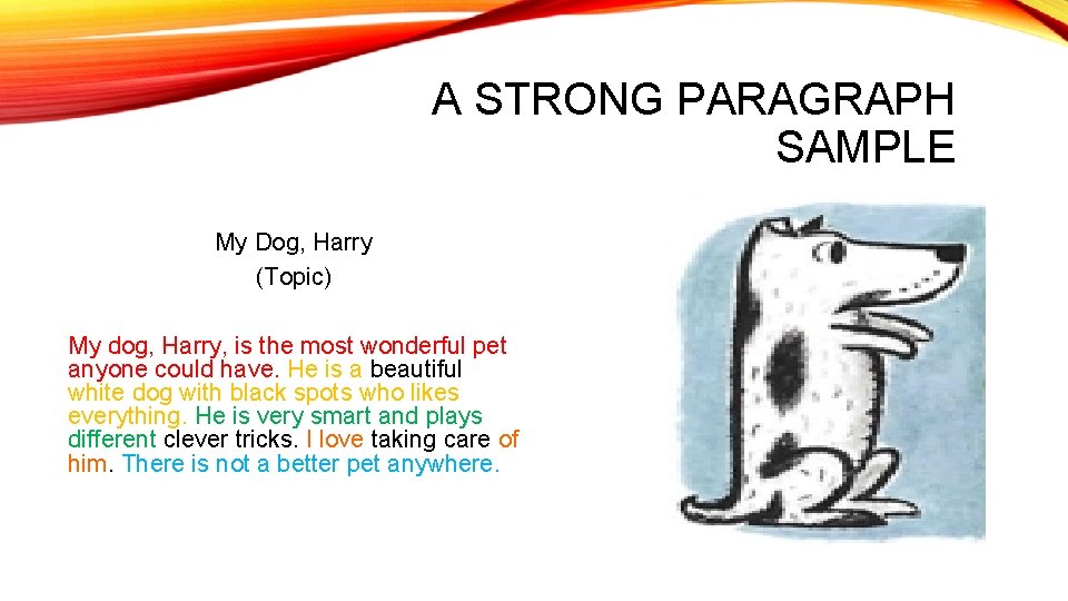 A STRONG PARAGRAPH SAMPLE My Dog, Harry (Topic) My dog, Harry, is the most