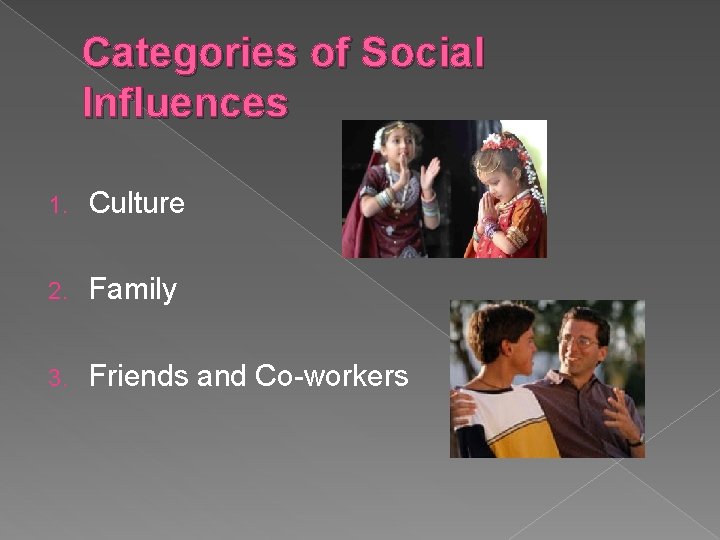 Categories of Social Influences 1. Culture 2. Family 3. Friends and Co-workers 
