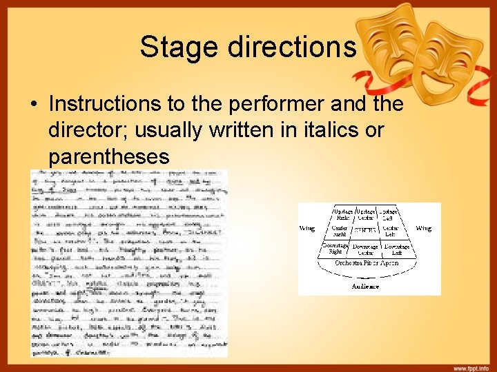 Stage directions • Instructions to the performer and the director; usually written in italics