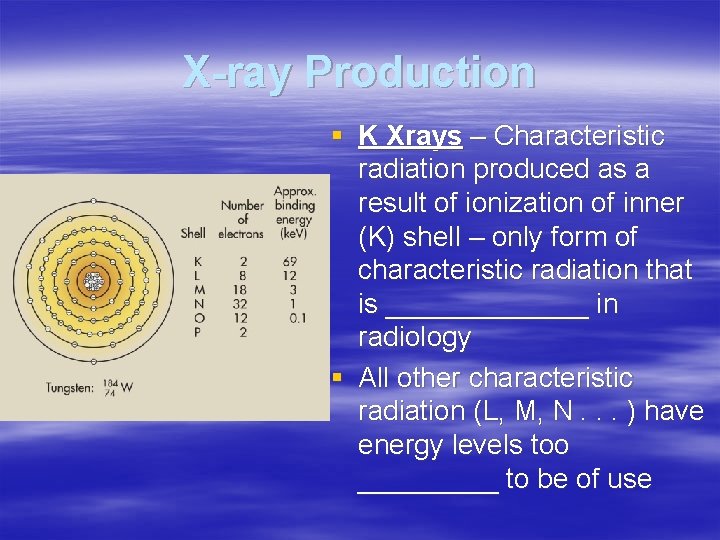 X-ray Production § K Xrays – Characteristic radiation produced as a result of ionization