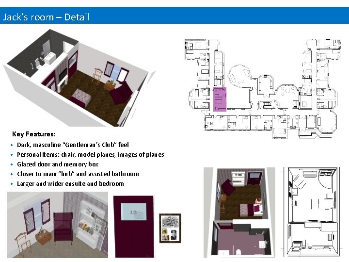 Jack’s room – Detail Key Features: • • • Dark, masculine “Gentleman’s Club” feel