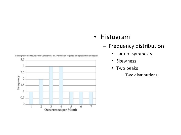  • Histogram – Frequency distribution • Lack of symmetry • Skewness • Two