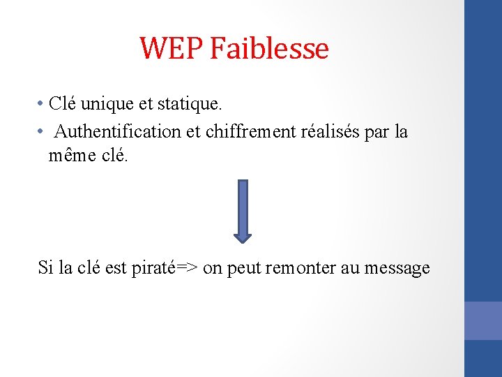 WEP Faiblesse • Clé unique et statique. • Authentification et chiffrement réalisés par la