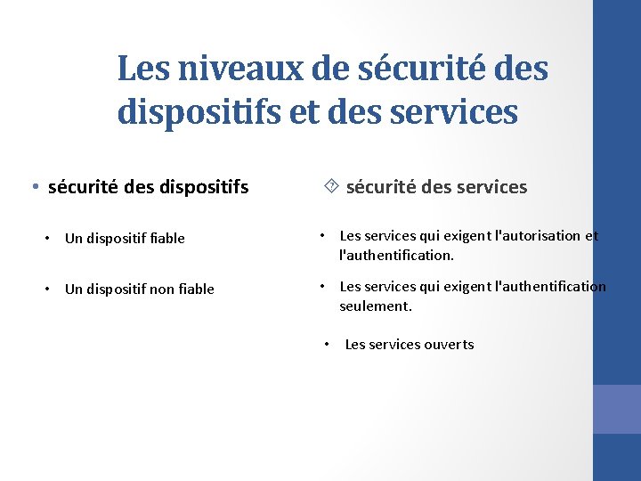 Les niveaux de sécurité des dispositifs et des services • sécurité des dispositifs sécurité