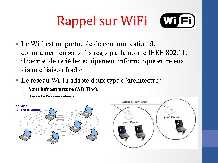 Rappel sur Wi. Fi • Le Wifi est un protocole de communication sans fils