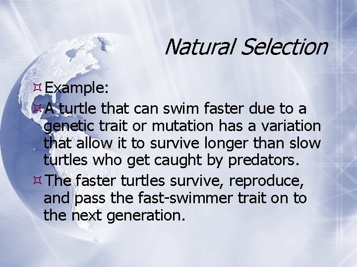 Natural Selection Example: A turtle that can swim faster due to a genetic trait