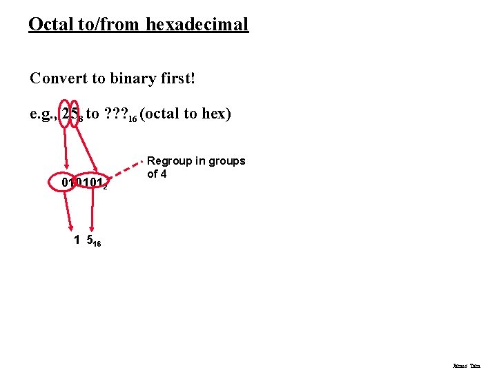Octal to/from hexadecimal Convert to binary first! e. g. , 258 to ? ? Octal to/from hexadecimal Convert to binary first! e. g. , 258 to ? ?