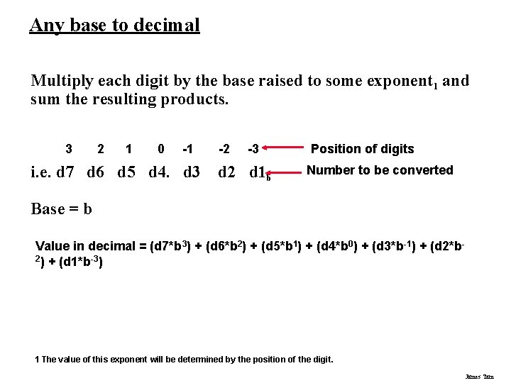 Any base to decimal Multiply each digit by the base raised to some exponent Any base to decimal Multiply each digit by the base raised to some exponent