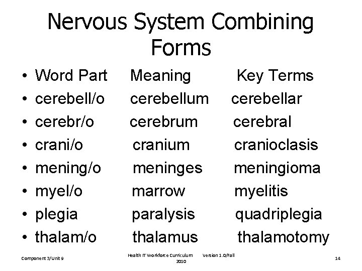 Nervous System Combining Forms • • Word Part cerebell/o cerebr/o crani/o mening/o myel/o plegia Nervous System Combining Forms • • Word Part cerebell/o cerebr/o crani/o mening/o myel/o plegia