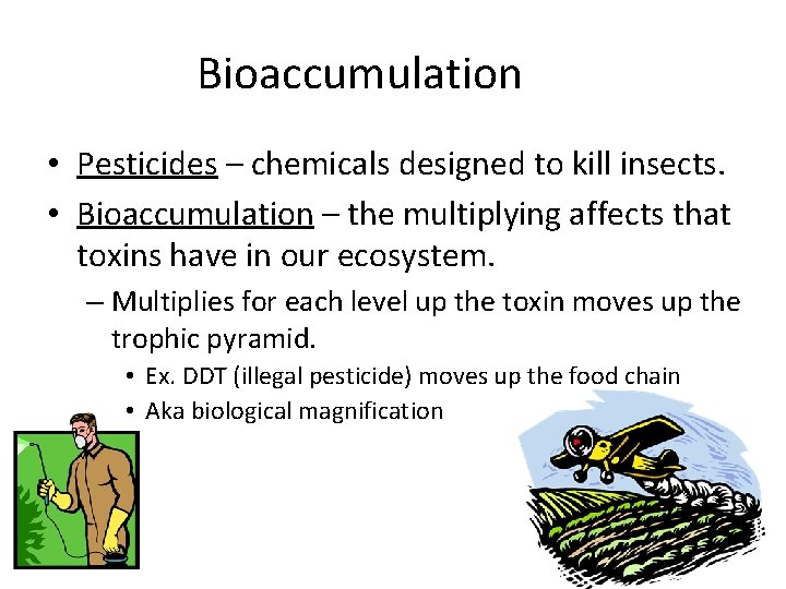 Bioaccumulation • Pesticides – chemicals designed to kill insects. • Bioaccumulation – the multiplying