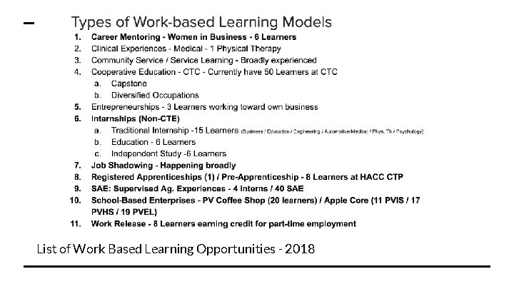 List of Work Based Learning Opportunities - 2018 