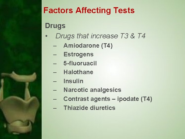 Factors Affecting Tests Drugs • Drugs that increase T 3 & T 4 –