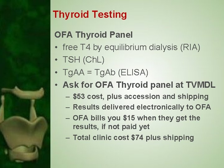 Thyroid Testing OFA Thyroid Panel • free T 4 by equilibrium dialysis (RIA) •
