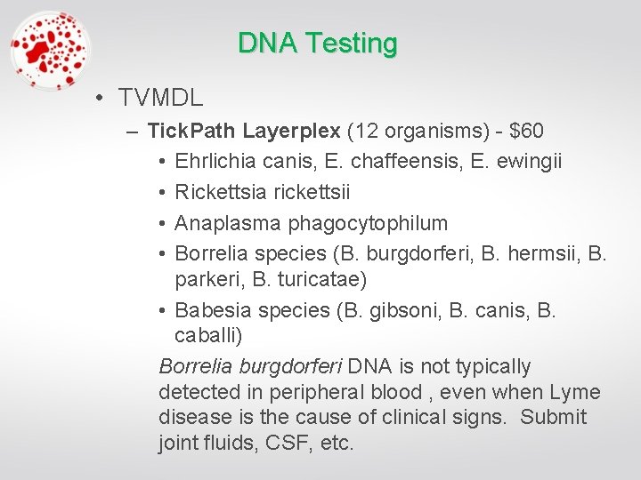 DNA Testing • TVMDL – Tick. Path Layerplex (12 organisms) - $60 • Ehrlichia