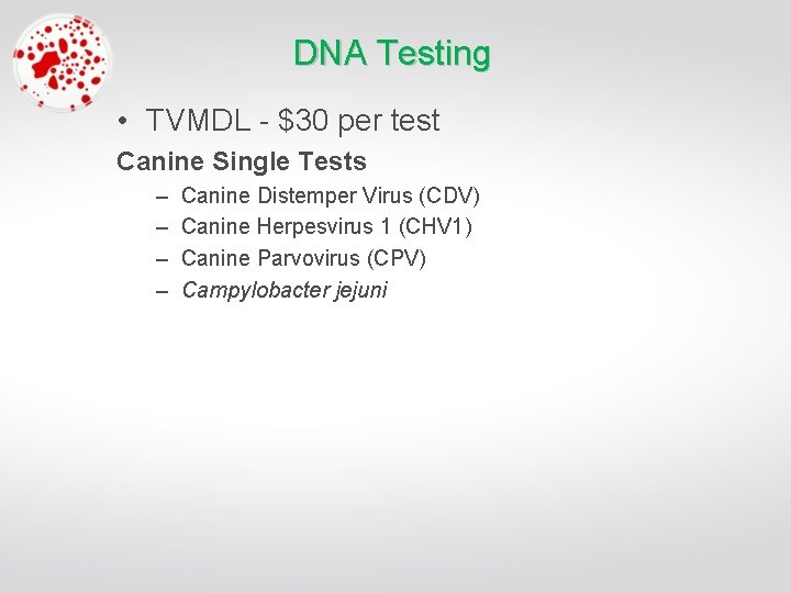DNA Testing • TVMDL - $30 per test Canine Single Tests – – Canine