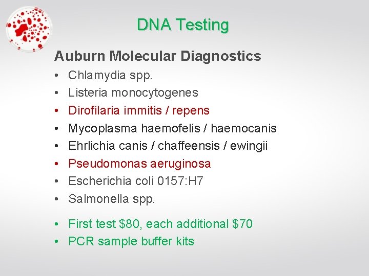 DNA Testing Auburn Molecular Diagnostics • • Chlamydia spp. Listeria monocytogenes Dirofilaria immitis /