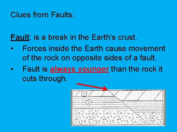 Clues from Faults: Fault: is a break in the Earth’s crust. • Forces inside Clues from Faults: Fault: is a break in the Earth’s crust. • Forces inside