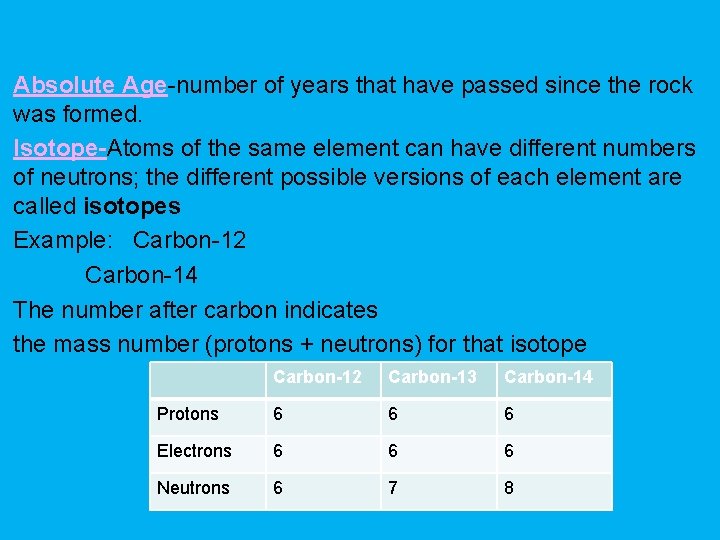 Absolute Age-number of years that have passed since the rock was formed. Isotope-Atoms of
