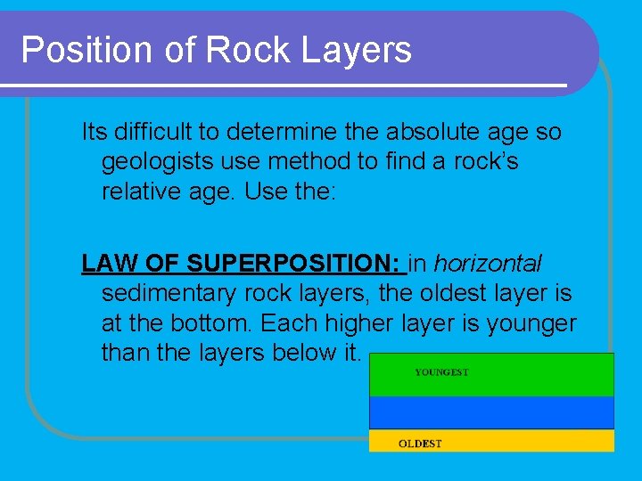 Position of Rock Layers Its difficult to determine the absolute age so geologists use