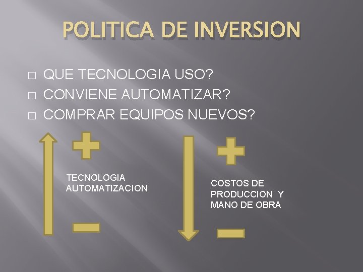 POLITICA DE INVERSION � � � QUE TECNOLOGIA USO? CONVIENE AUTOMATIZAR? COMPRAR EQUIPOS NUEVOS?