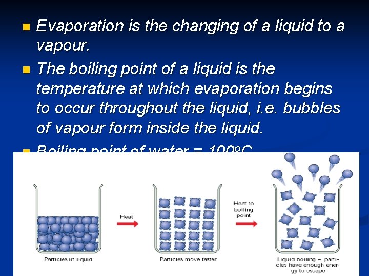 Evaporation is the changing of a liquid to a vapour. n The boiling point