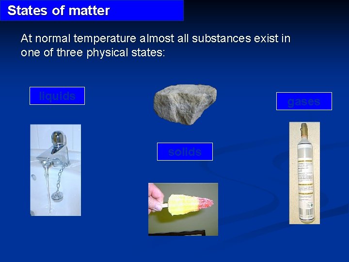 States of matter At normal temperature almost all substances exist in one of three