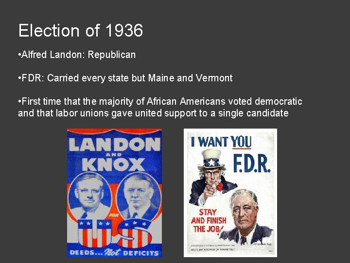 Election of 1936 • Alfred Landon: Republican • FDR: Carried every state but Maine