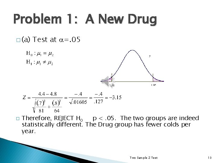 Problem 1: A New Drug � (a) � Test at =. 05 Therefore, REJECT