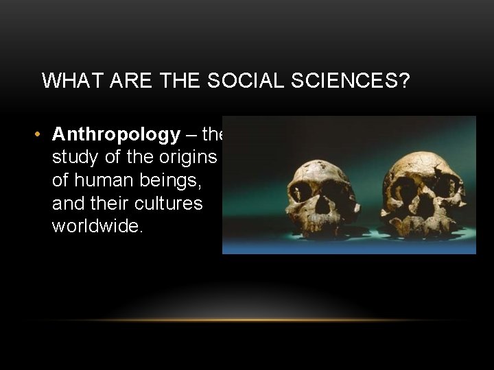 WHAT ARE THE SOCIAL SCIENCES? • Anthropology – the study of the origins of