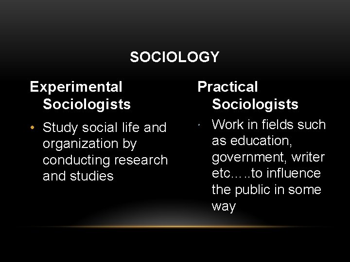 SOCIOLOGY Experimental Sociologists Practical Sociologists • Study social life and organization by conducting research