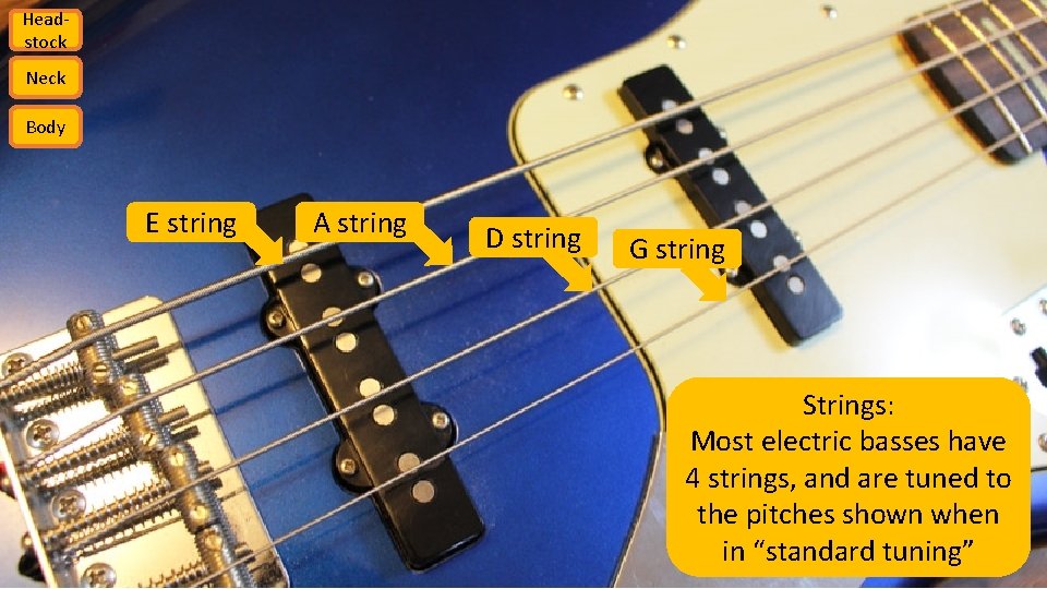 Headstock Neck Body E string A string D string G string Strings: Most electric