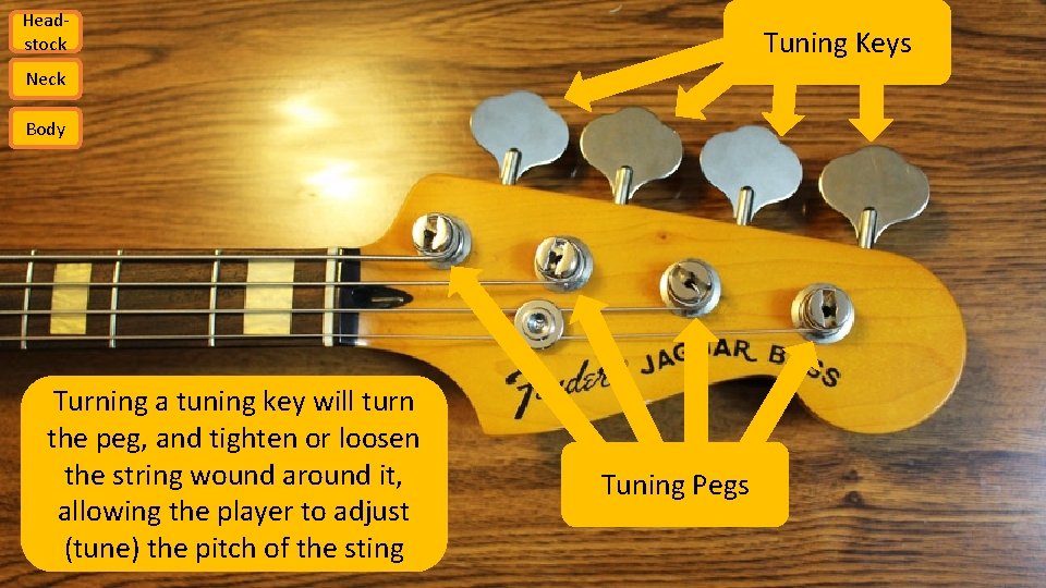 Headstock Tuning Keys Neck Body Turning a tuning key will turn the peg, and