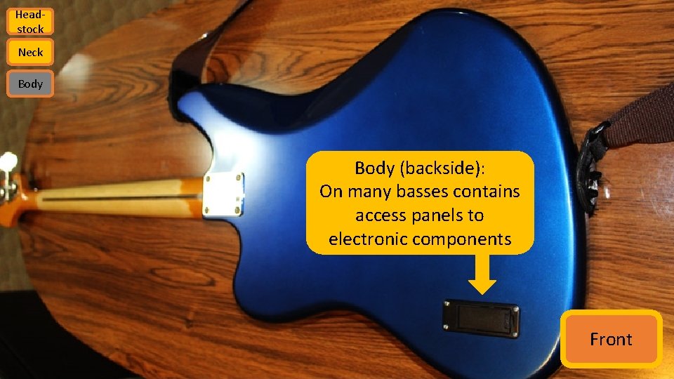 Headstock Neck Body (backside): On many basses contains access panels to electronic components Front