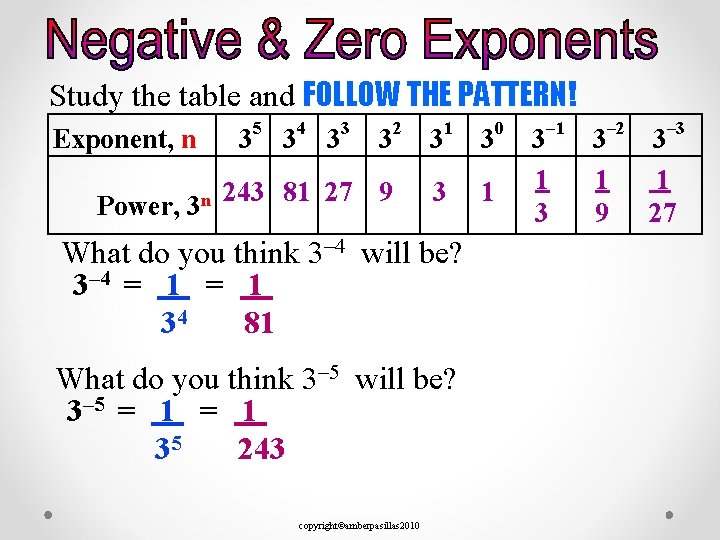 Study the table and FOLLOW THE PATTERN! Exponent, n Power, 3 n 5 3