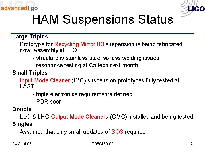 HAM Suspensions Status Large Triples Prototype for Recycling Mirror R 3 suspension is being