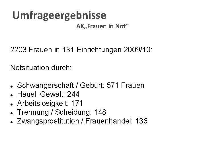 Umfrageergebnisse AK„Frauen in Not“ 2203 Frauen in 131 Einrichtungen 2009/10: Notsituation durch: l l