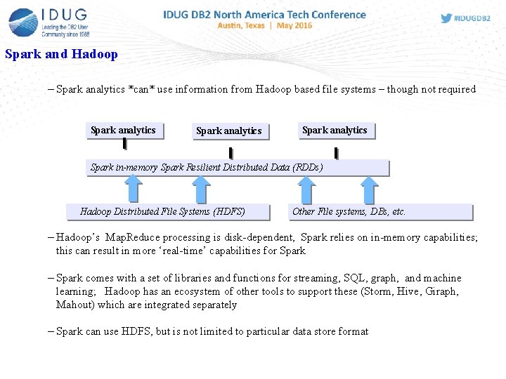 Spark and Hadoop – Spark analytics *can* use information from Hadoop based file systems Spark and Hadoop – Spark analytics *can* use information from Hadoop based file systems