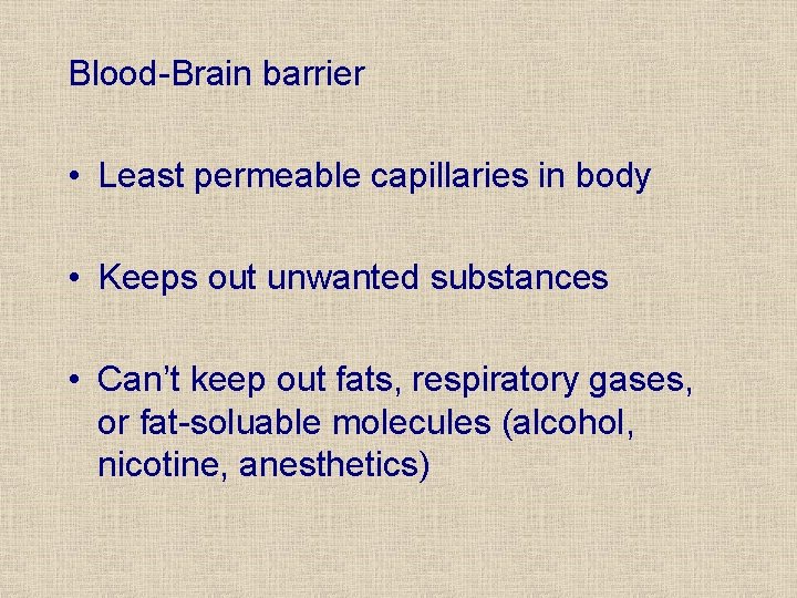 Blood-Brain barrier • Least permeable capillaries in body • Keeps out unwanted substances •