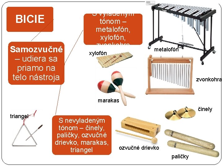 BICIE Samozvučné – udiera sa priamo na telo nástroja S vyladeným tónom – metalofón,